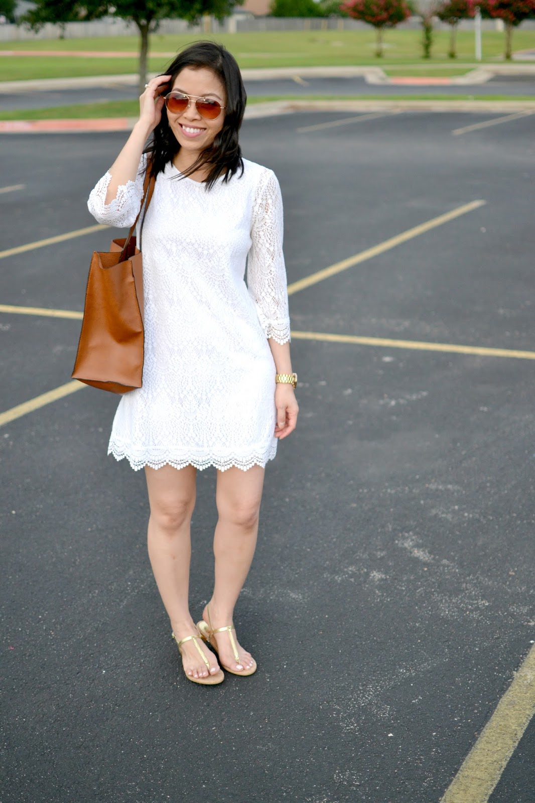 White dress top gold shoes